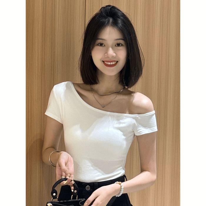 New Spice Girl Pure Desire Wind Slant Shoulder Short Sleeve T-Shirt Niche Fashion Unique Slim Skinny Top ins Women