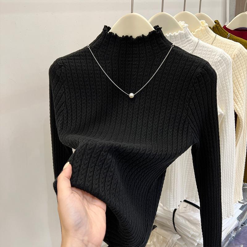 Fungus edge semi-turtleneck bottoming shirt for women, medium neck chic top for autumn and winter, sweater for women