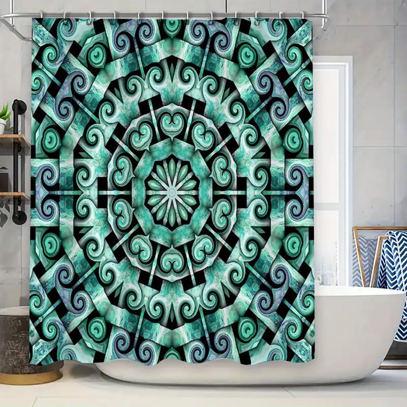 

Luxurious Mandala Shower Curtain Aqua Black Water Resistant Fabric For Bathroom Decor. W60H190(CM)-1 Pcs