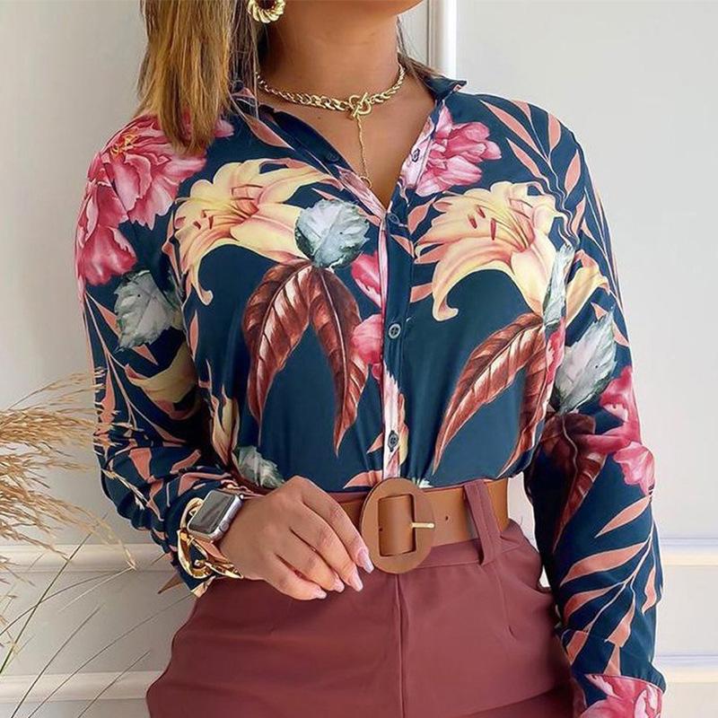 Women's Fashion Casual Summer Spring Flower Pattern Print Long Sleeve Blouses & Shirts