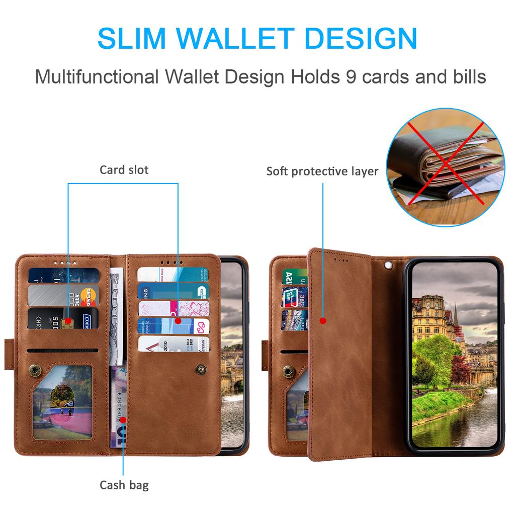 For Xiaomi 15 Pro Case PU Leather Phone Cover with Zipper Wallet 9 Card Slots