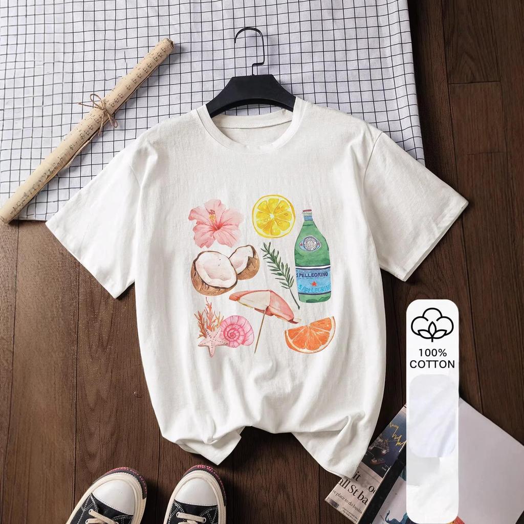 European Spring/Summer Floral Fruit Print Cotton Loose Fit Short Sleeve T-shirt