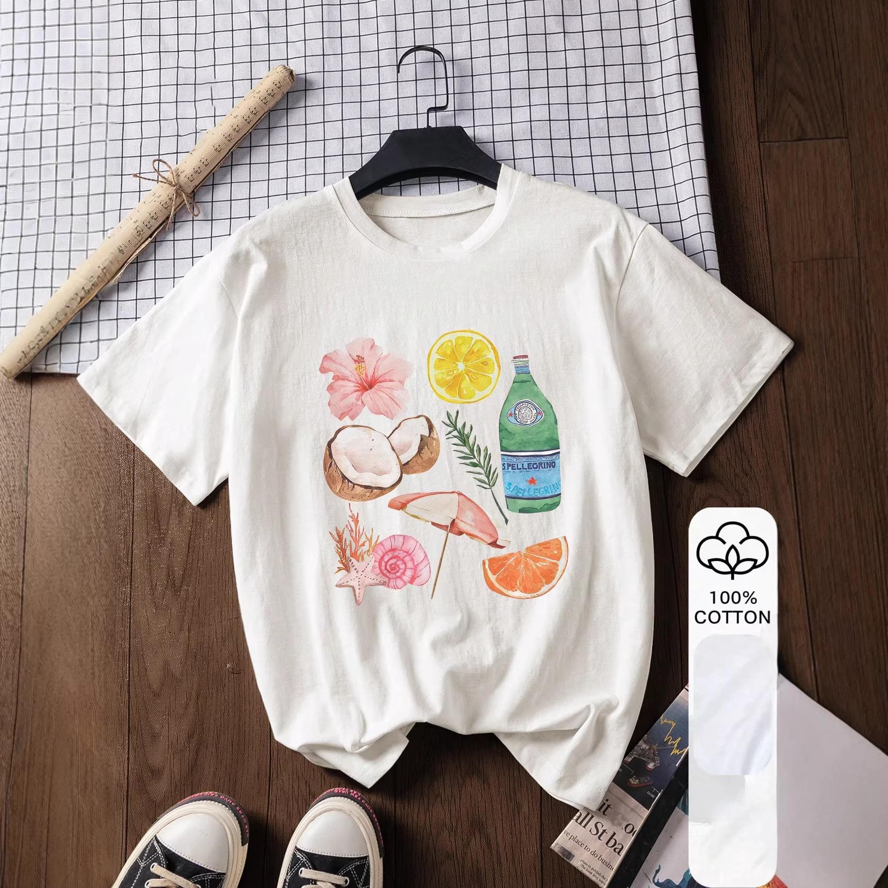 European Spring/Summer Floral Fruit Print Cotton Loose Fit Short Sleeve T-shirt L белый