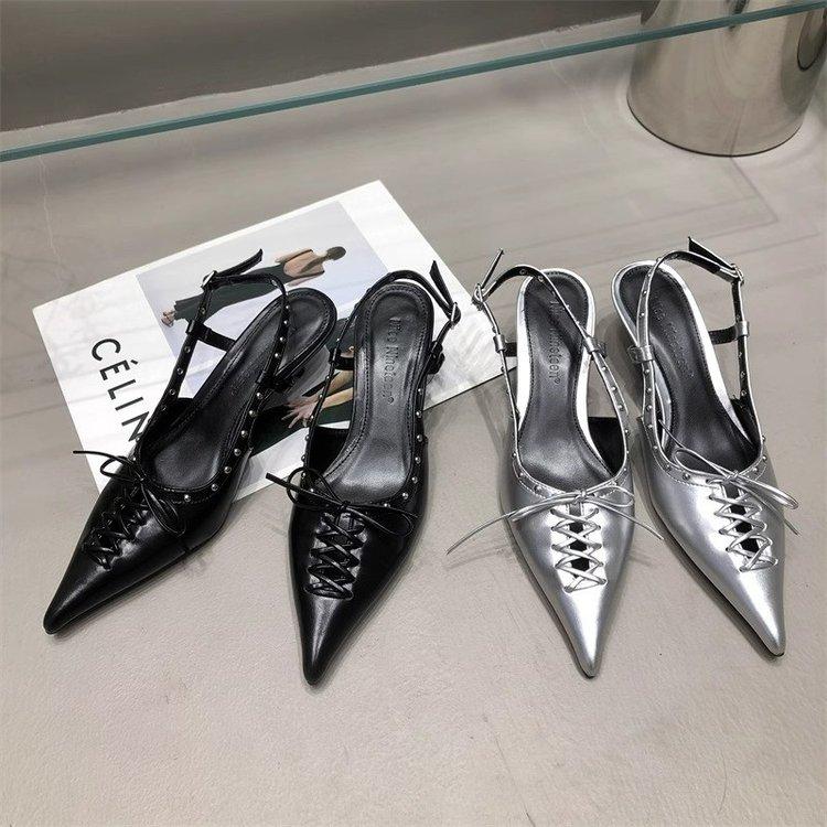 Pointed Toe Sandals Women's 2024 Spring/Summer New Versatile Thin Middle Heel Bow Muller Shoes Lace Up Slingback Sandals