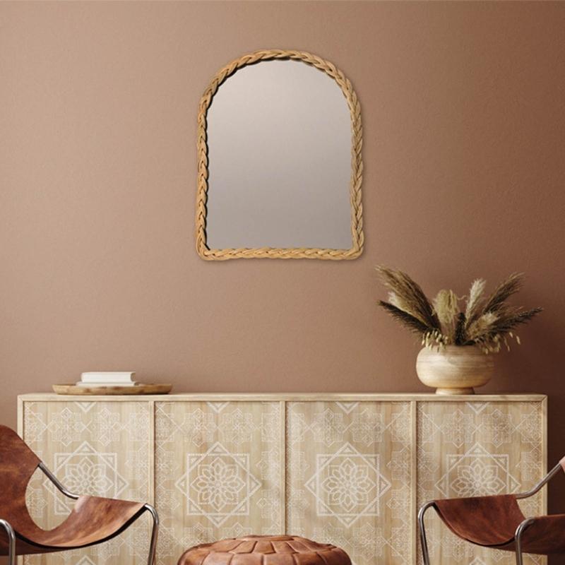 Rattan Wall Mirror with Wooden Framed Farmhouses Arched Wood Mirror for Modern Decorative Bathroom Living Room Entryway