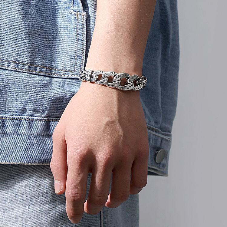 2026 Jewelry Men's Personality Domineering Six-character Mantra Peace Pattern Transfer Silver Bracelet Retro Chain