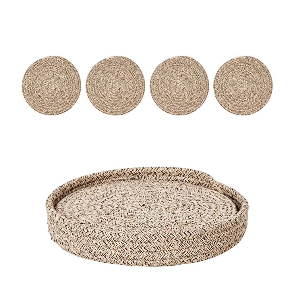 Round Woven Jute Coaster Set 4 Pieces 18cm Diameter with Matching Round Tray Natural Fiber Drink Coasters for Home Table Protection