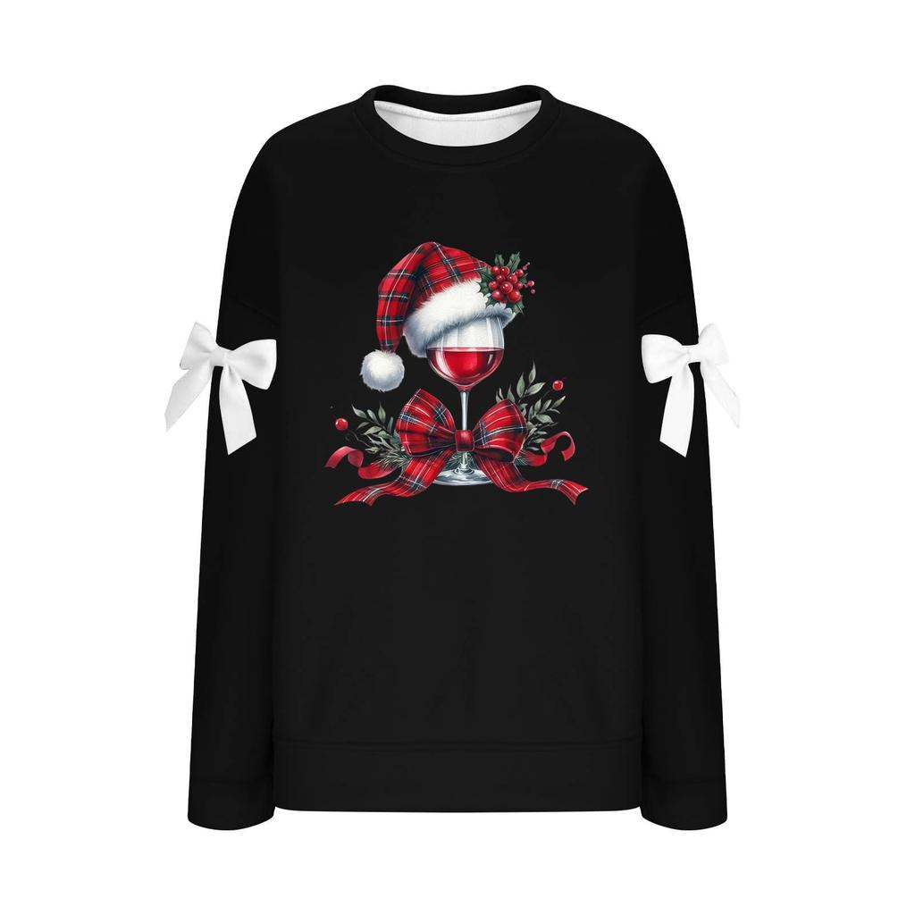 Ladies' Christmas Printed Bow Round Neck Long Sleeved Loose Pullover Sweater Sweatshirt Top
