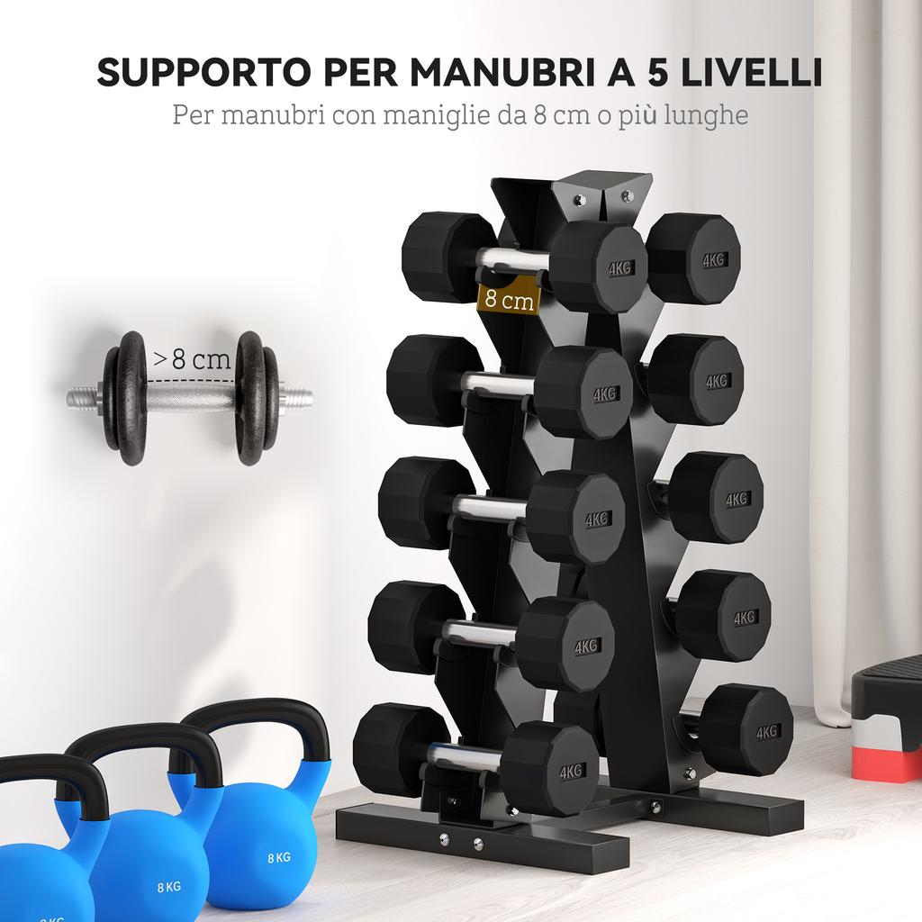 5-Tier Steel Dumbbell Rack with Plastic Inserts. 35x33x66cm. Black