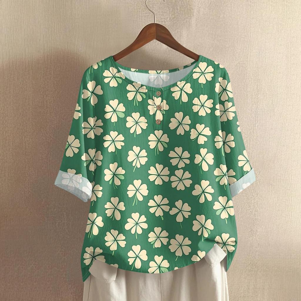 Women's Casual Mid-Sleeve Round Neck St. Patrick's Day Print Cotton-Linen Blend Top