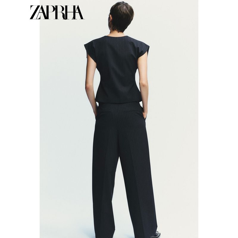 Zaprha 2025 Autumn New Fashion Waist Hugging Slimming Thin Stripe V-neck Wide Sleeve Vest Vest 4749768