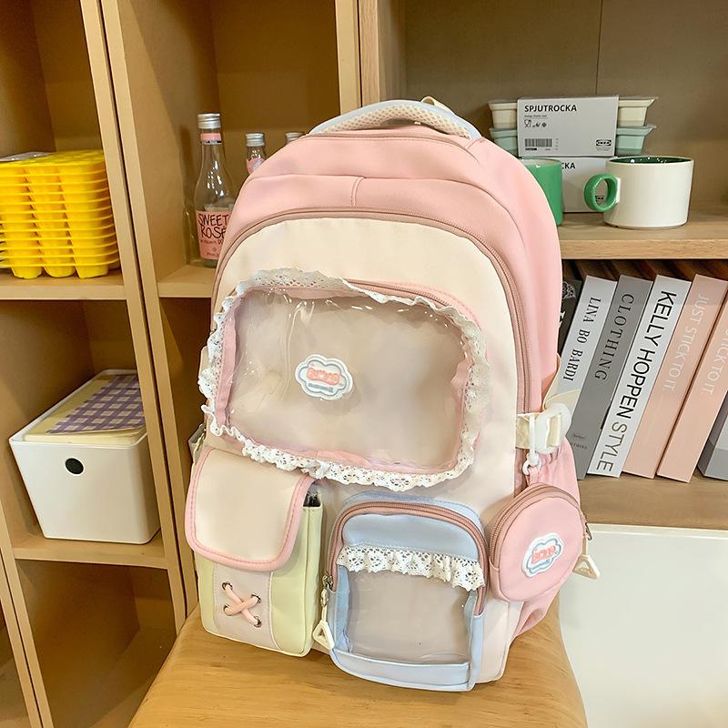 High value dopamine sweet contrasting color girl heart backpack college wind junior high school students multi-compartment backpack