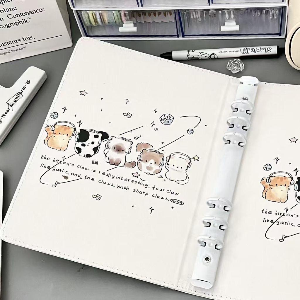 Cute Niche Kitten A5 Leather Ring Binder Notebook - Stylish, High-Value, Lined Student Notebook.
