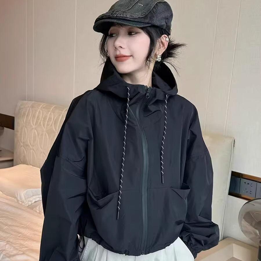 Women's Drawstring Hooded Windbreaker Jacket Early Autumn Loose Trendy Top for Women