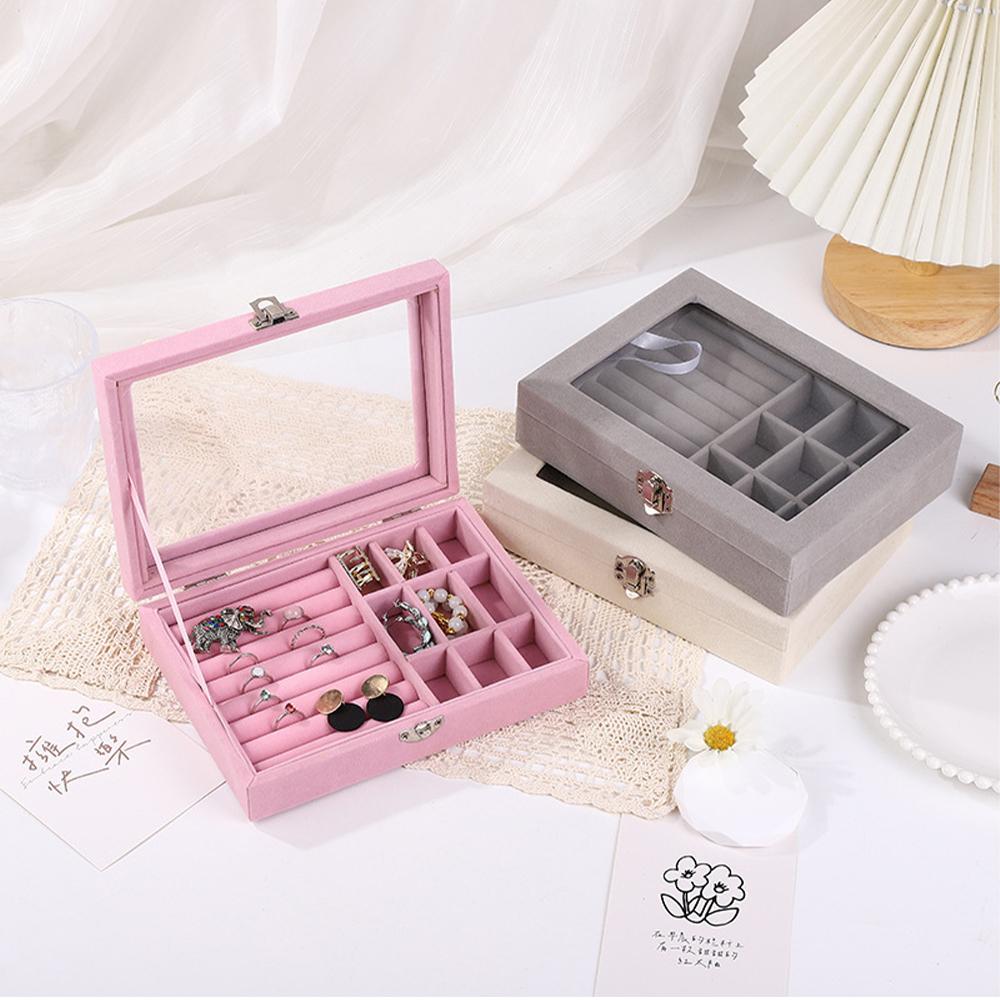 Portable Pink Carrying Case with Glass Cover Jewelry Ring Display Box Tray Holder Storage Box Organizer Earrings Ring Bracelet