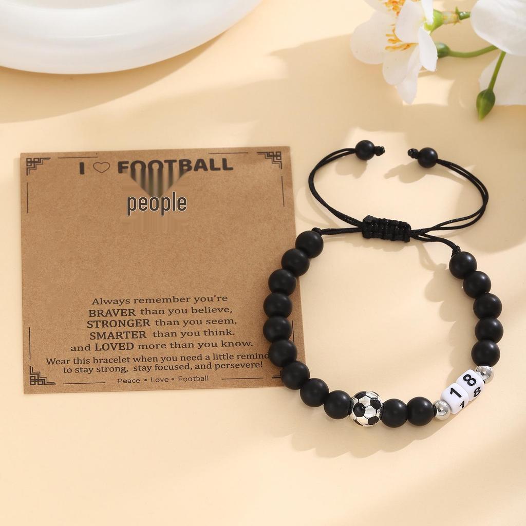 Men's Adjustable Black Matte Stone Beaded Bracelet - Football Number Birthday Gift