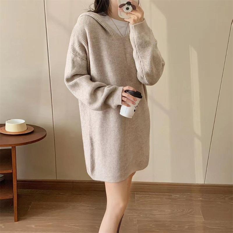 Temperament Medium and Long Hooded Knitted Sweater Top Women's Autumn and Winter New Loose and Thin Solid Color Pullover Sweater Women