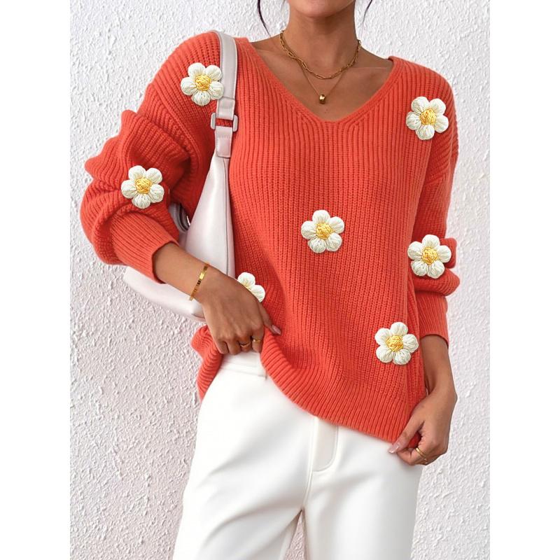 

Осенне-зимний женский пуловер, ручная вязка крючком, 3D пэчворк, уникальный свитер с глубоким V-образным вырезом S оранжевый