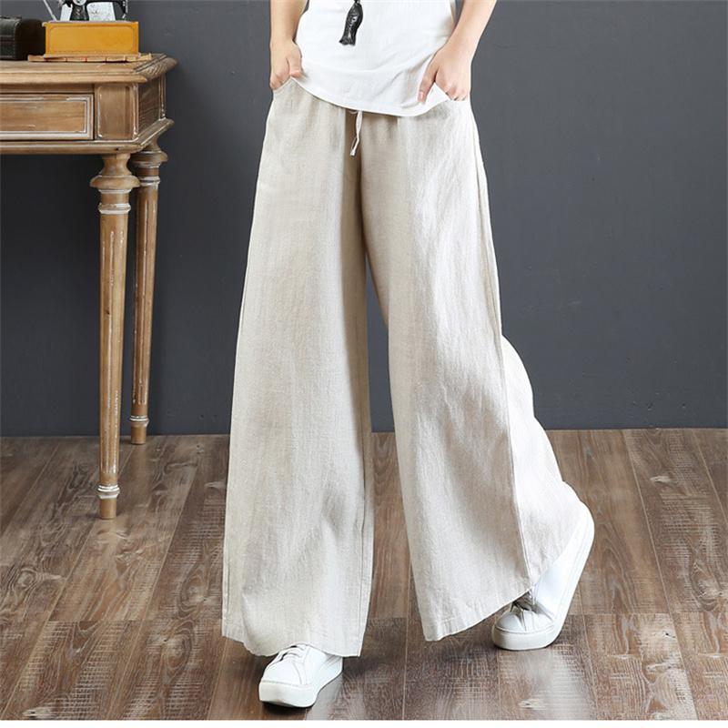 Spring Autumn Hip Hop Streetwear Female Solid Cotton Linen Wide Leg Pants Women Vintage Harajuku Boho Casual Ladies Trousers