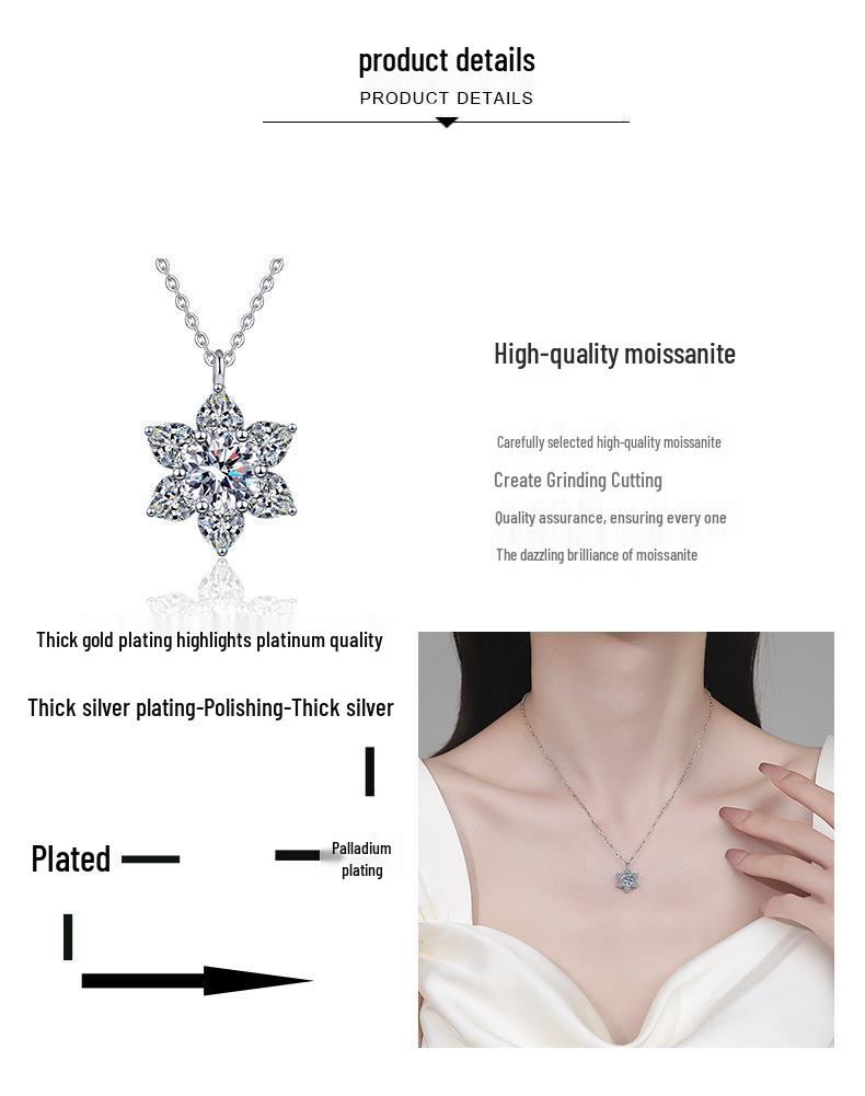 S925 Sterling Silver Moissanite Snowflake Pendant Necklace for Women - Cute Clavicle Chain