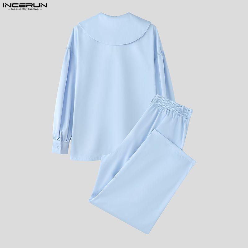 INCERUN Oversized Men Sets Tie Up Long Sleeve Shirts Long Pants Casual Two Pieces Outfits