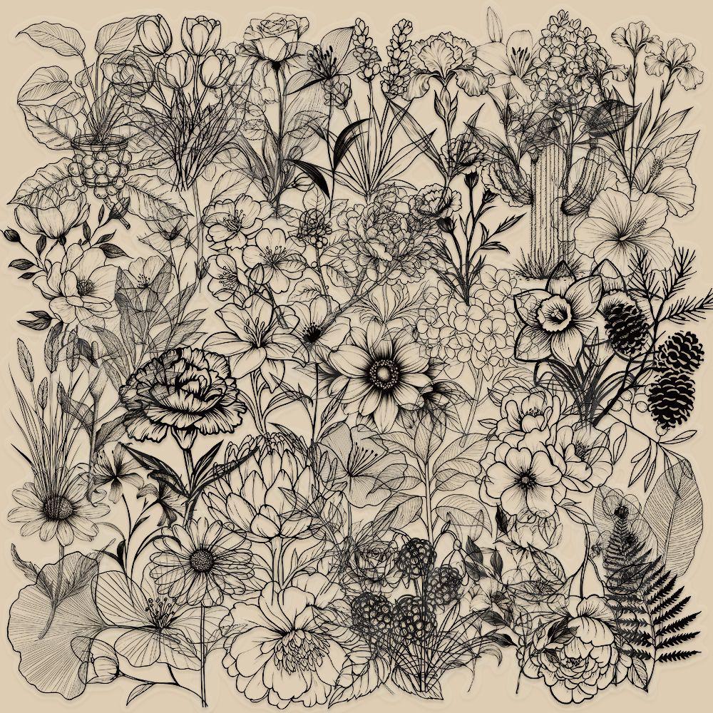 

50 Retro Black & White Plant Stickers - PET Material for Decorating Cups, Phones, & Journals