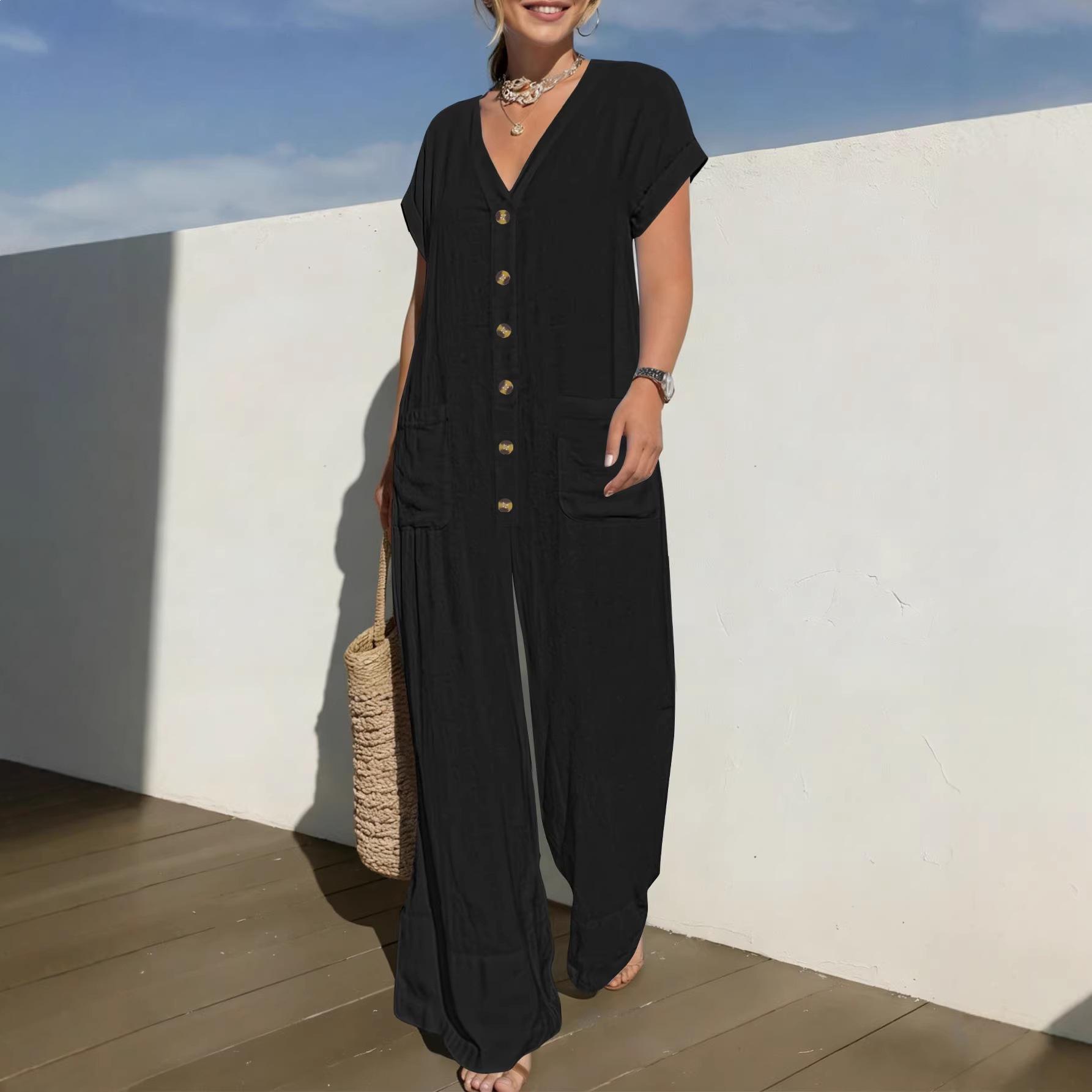 Cross-border Spring and Summer Women s Jumpsuit Bat Sleeve Wide Leg Jumpsuit Casual Loose V-Neck Button Jumpsuit S чёрный