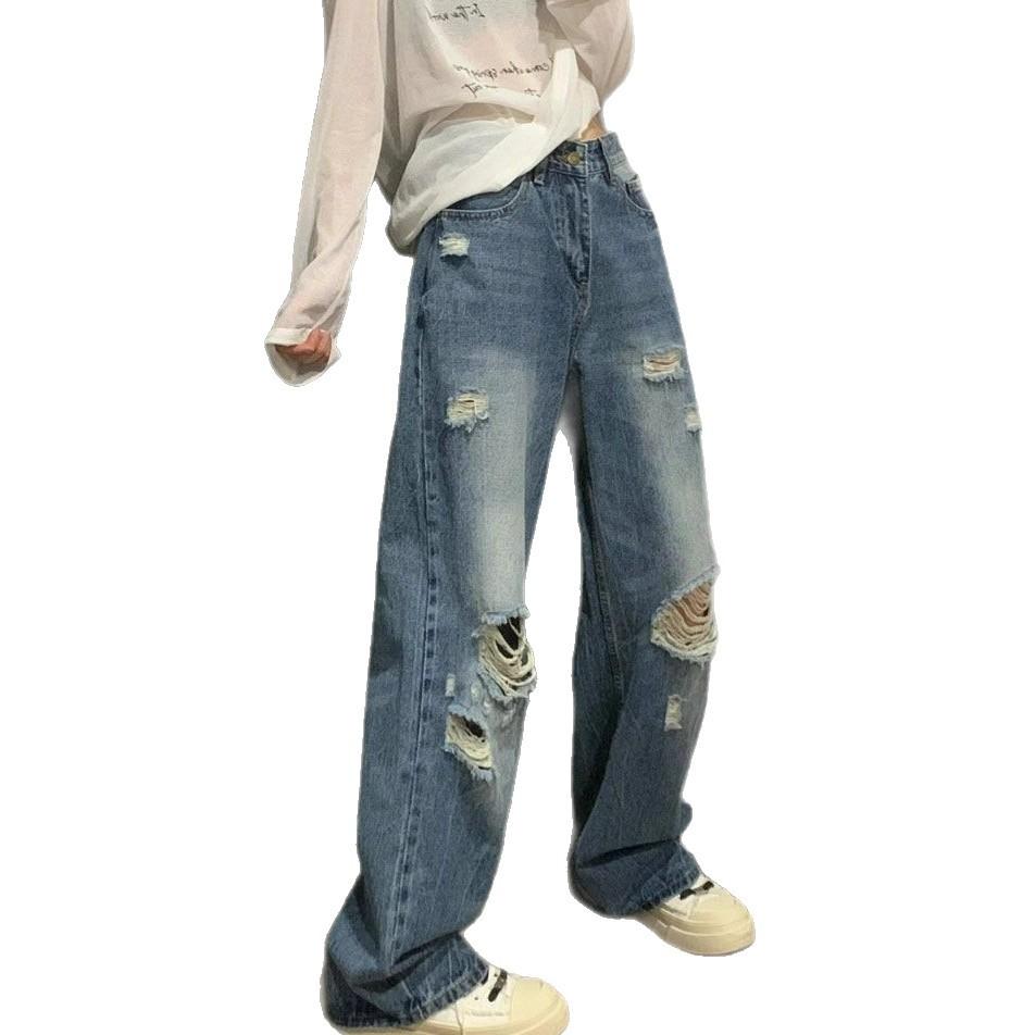 Retro Blue Holes Loose Straight Jeans Women's Early Fall Washed High-waisted Skinny Dragging Wide-legged Pants Retro Baggy Long Jeans for Ladies