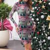 Women's High-Neck Casual Long-Sleeved Printed Slim-Fit Dress