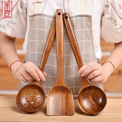 Set di pentole antiaderenti in teak thailandese: Spatola in Legno, Spatola per Saltare in Padella e Mestolo