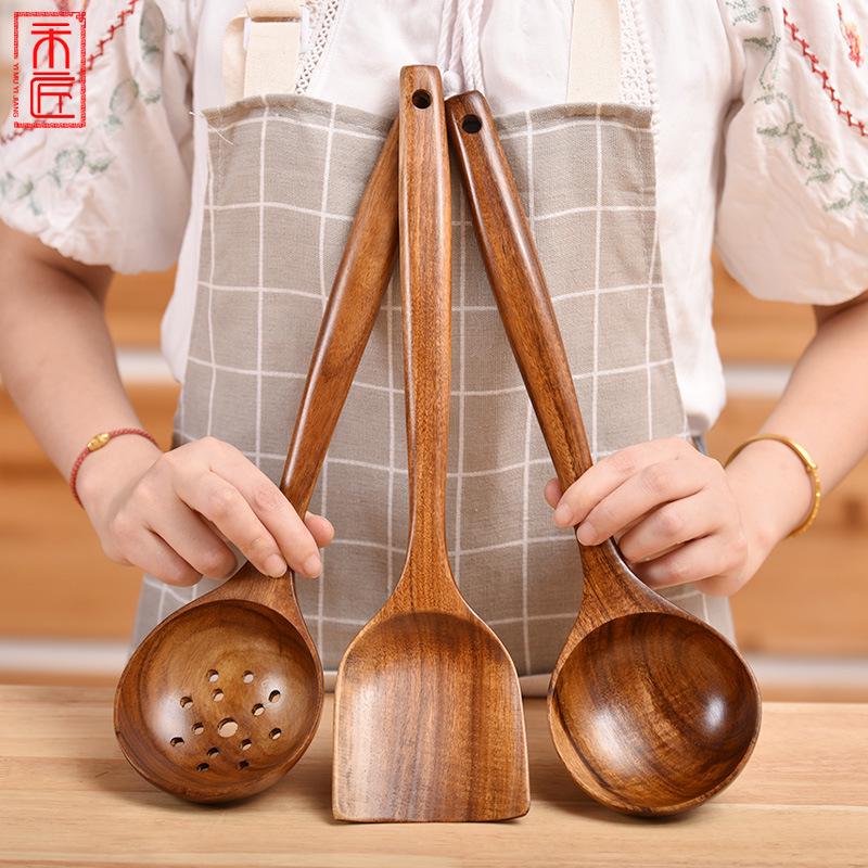 Set di pentole antiaderenti in teak thailandese: Spatola in Legno, Spatola per Saltare in Padella e Mestolo
