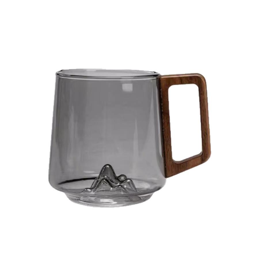 High-Temperature Resistant Glass Teacup with Mountain View and Walnut Handle Transparent Mountain Cup