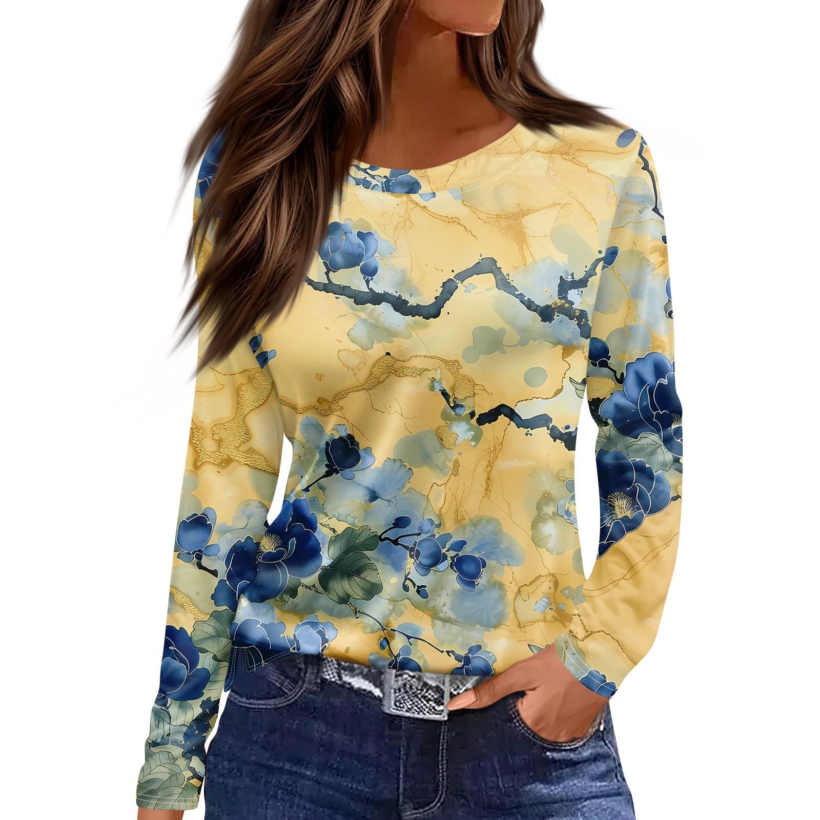 

Женская повседневная футболка с 3D-принтом, цветочным принтом, круглым вырезом, простая элегантная, с длинными рукавами, женская мода, пуловер с длинными рукавами L