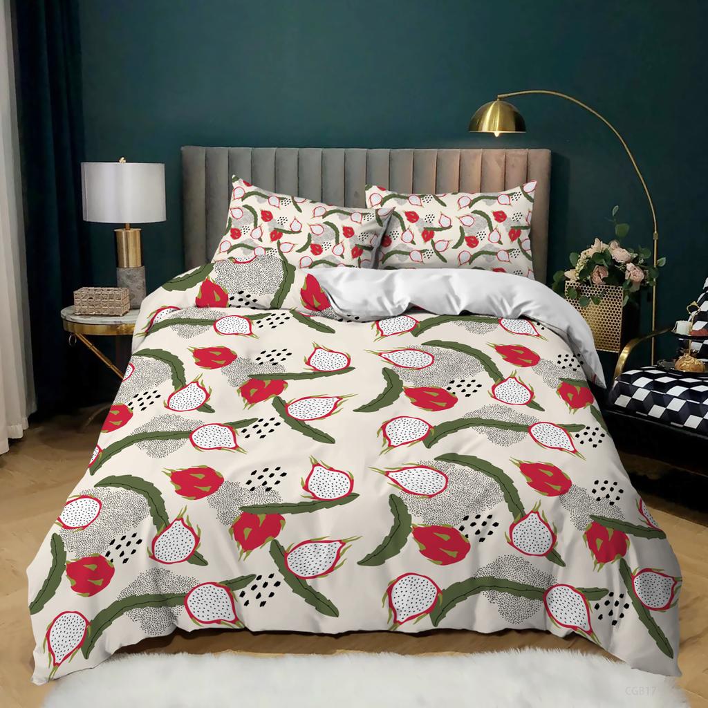 Schwarzes Bettwäscheset Bettbezug für Kinder Erwachsene Niedlicher Pitaya-Bettbezug Cartoon Tropenfrucht-Druck Tagesdecke Königin-Größe