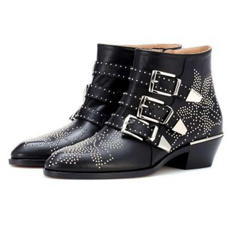 Fashion Brand Catwalk Rivet Cow Leather Short Boots Autumn Winter Retro Large35-45 Ankle Boots4cm Thick Heel Rock Night Club Women Shoes