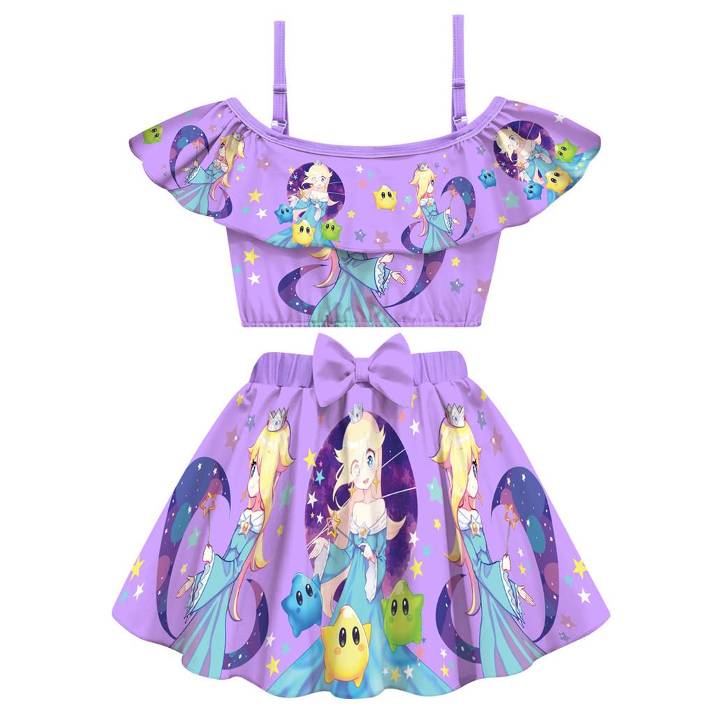 20890 Kids Girls Princess Rosalina Printed Sleeveless Pleat Swimsuit Swimwear Top Skirt Sets 100cm фиолетовый