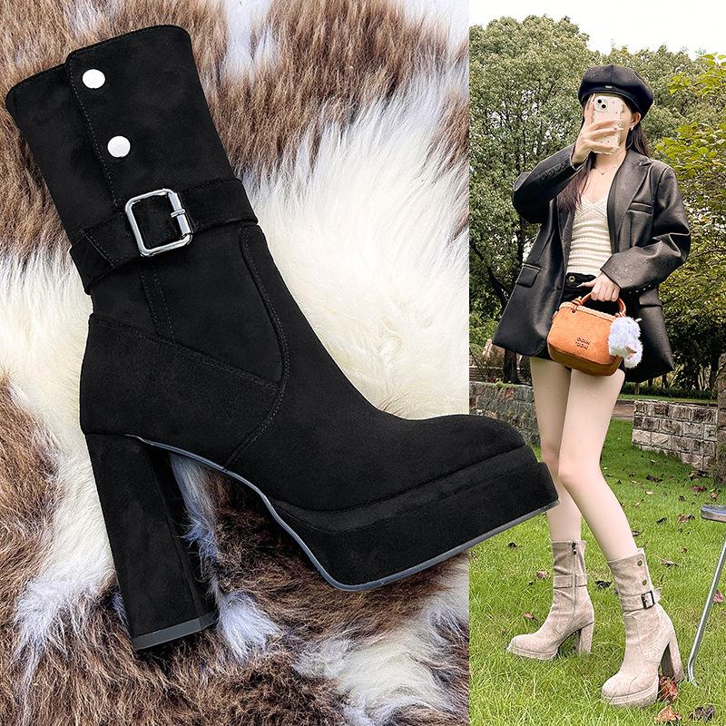 Retro Matte Thick Heel Thin Thick-soled High-heeled Waterproof Platform Western Boots Women's New Martin Boots In Autumn and Winter 2025