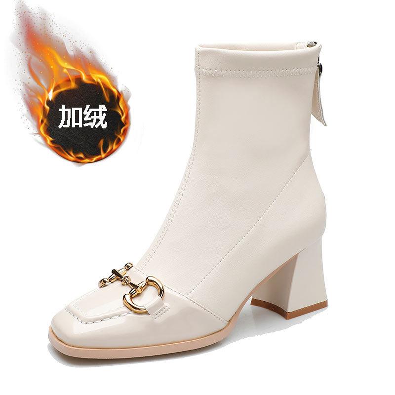 2025 new British Martin boots square head white short boots spring and autumn single boots horse buckle high heels thick heel