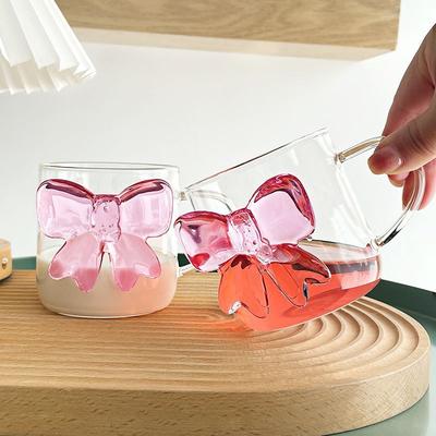 1 Stück Rosa Schleife Glasbecher Kaffee Milch Obstbecher Hitzebeständiges Glas Getränkebecher Tassen 13oz 400ml Süßer Becher