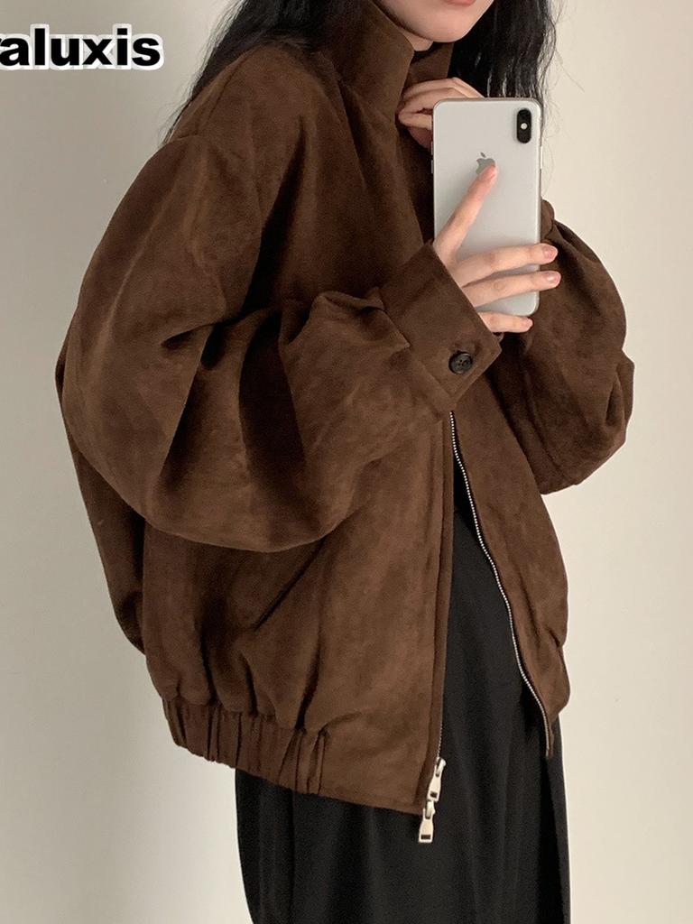 Vintage Faux Suede Jacket Women's Spring/Autumn Fashion Oversized Short Coat Top Trendy