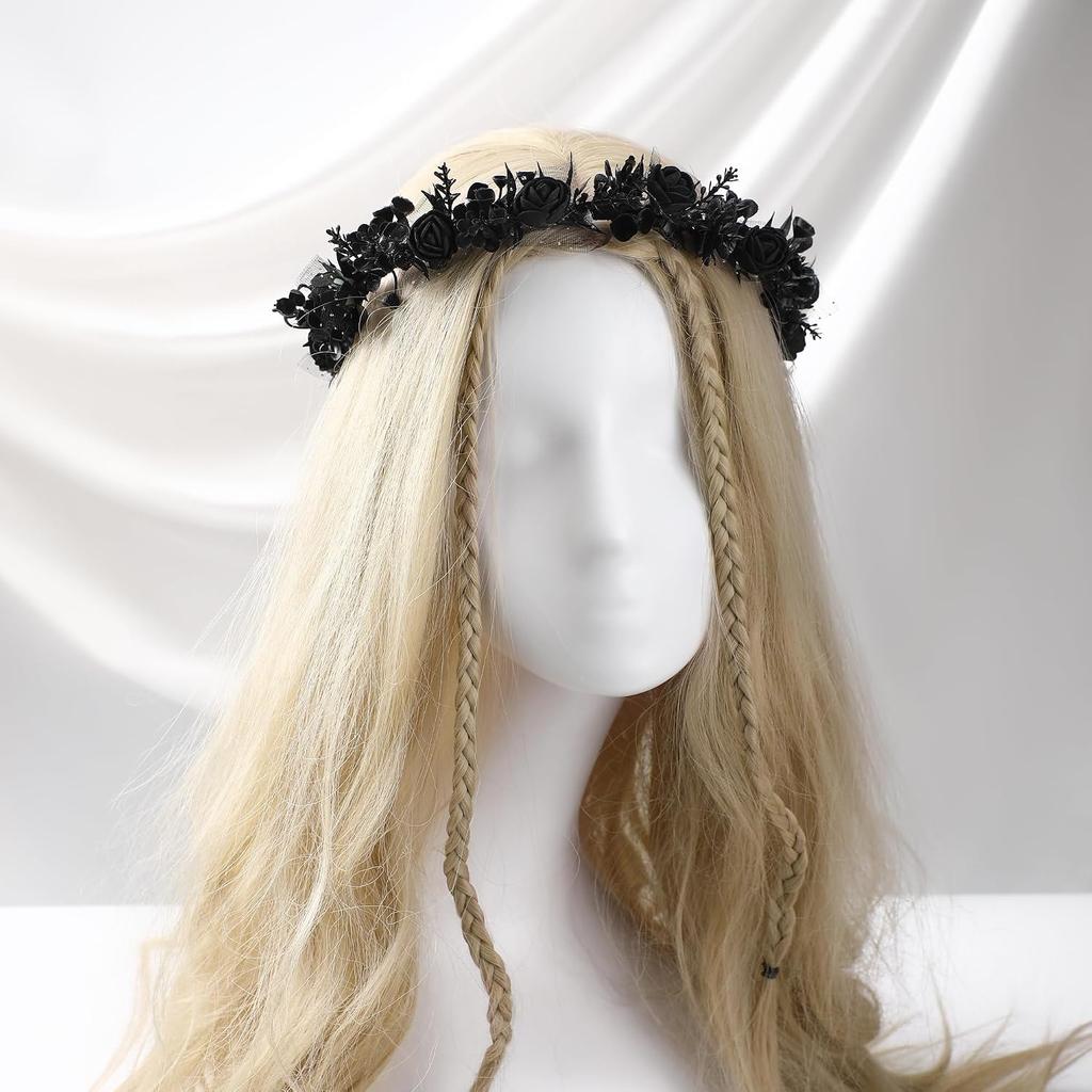 Black Floral Headpiece - Women's Elegant Lace Foam Rose Headband With Flowers for Hair Accessories, Wedding, Party, Birthday Gift, Photo Props | Dark