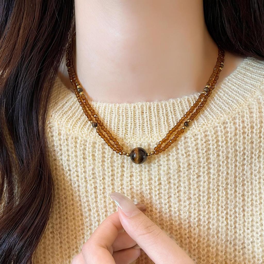 French Maillard Elegant Crystal Beaded Necklace - Tiger Eye Double Layer Choker with High-End Niche Luxury Feel
