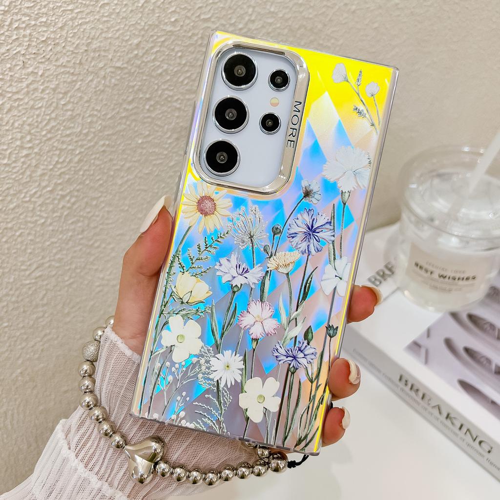 Electroplated Laser Flower S25Ultra Mobile Phone Case Suitable for Samsung A16 Pearl Bracelet S24plus Hard Case