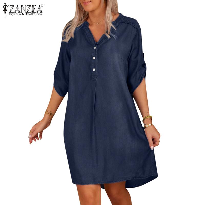 

ZANZEA Женское повседневное свободное летнее платье с v-образным вырезом и рукавами 3/4