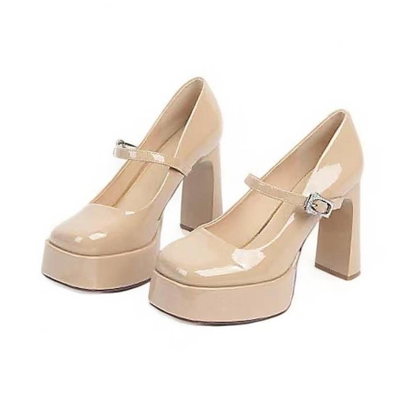 Fashion Super High Heel Single Shoes Women's Fashion Round Toe Patent Leather Platform Slip Strap Square Heel Shoes