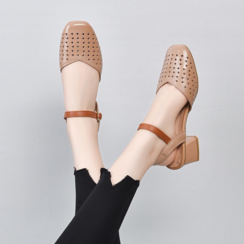 Color matching sandals women's summer simple temperament bag head empty thick heel women's shoes one-word buckle breathable punched sandals