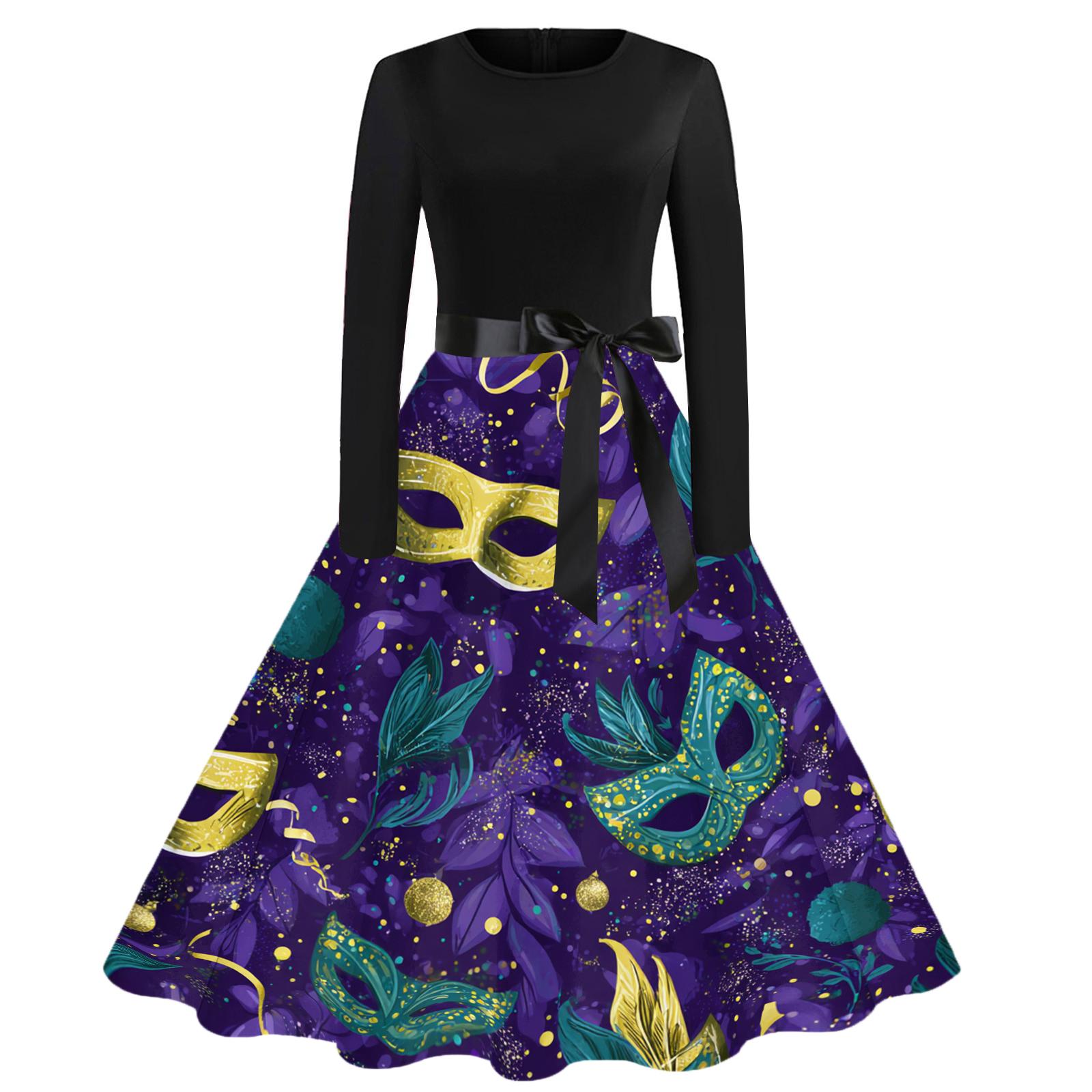 

Женское повседневное модное платье винтажного стиля с круглым вырезом и карнавальным принтом M фиолетовый