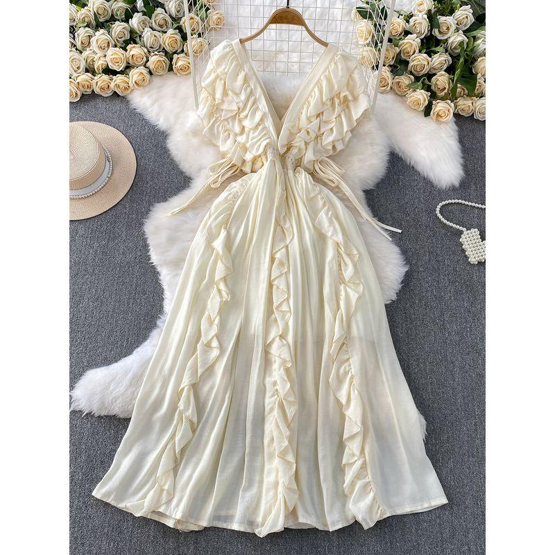 French style Temperament V-neck Short sleeve Dress Women Summer Drawstring Waist Hugging Slimming Heavy Industry Frill Princess Dress
