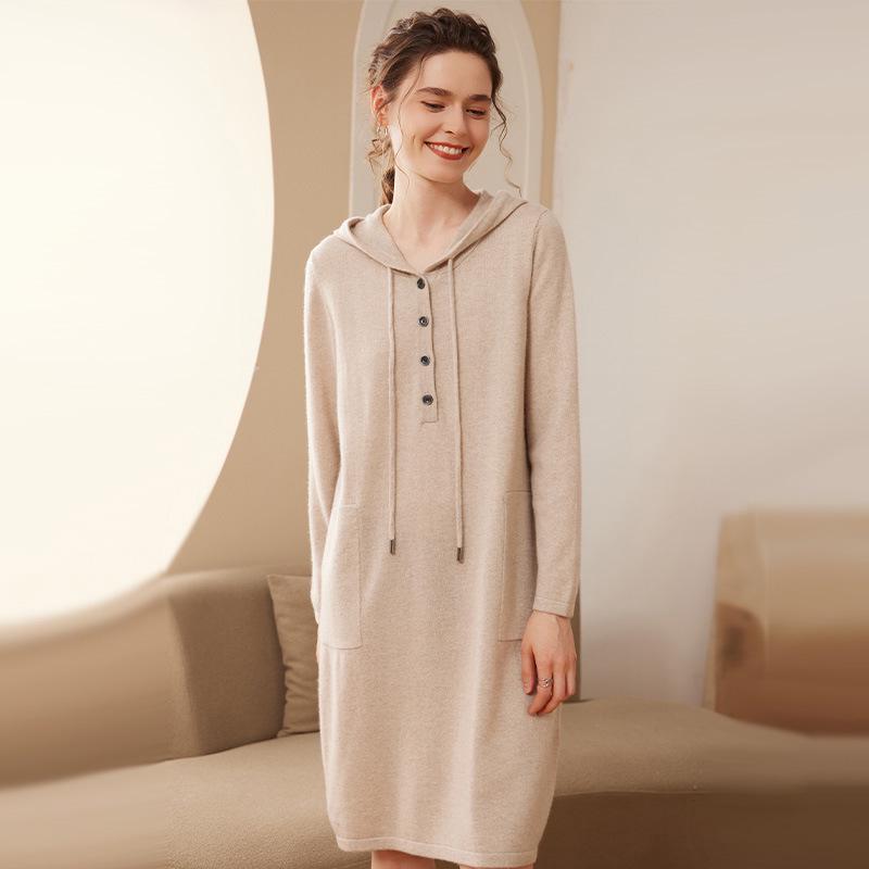 Women's Hooded Cashmere Dress with Pockets - Mid-Length, Loose Fit, Autumn/Winter 2024 Collection