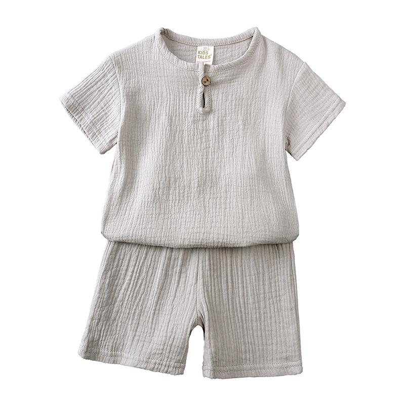 Baby Boy Baby Girl Solid Color Clothing Set Button Short Sleeve T-shirt + Thin Shorts Two-Piece Set